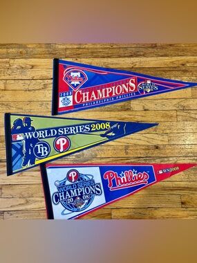 THREE Philadelphia Phillies 2008 World Series Champions Pennants - Red, Blue